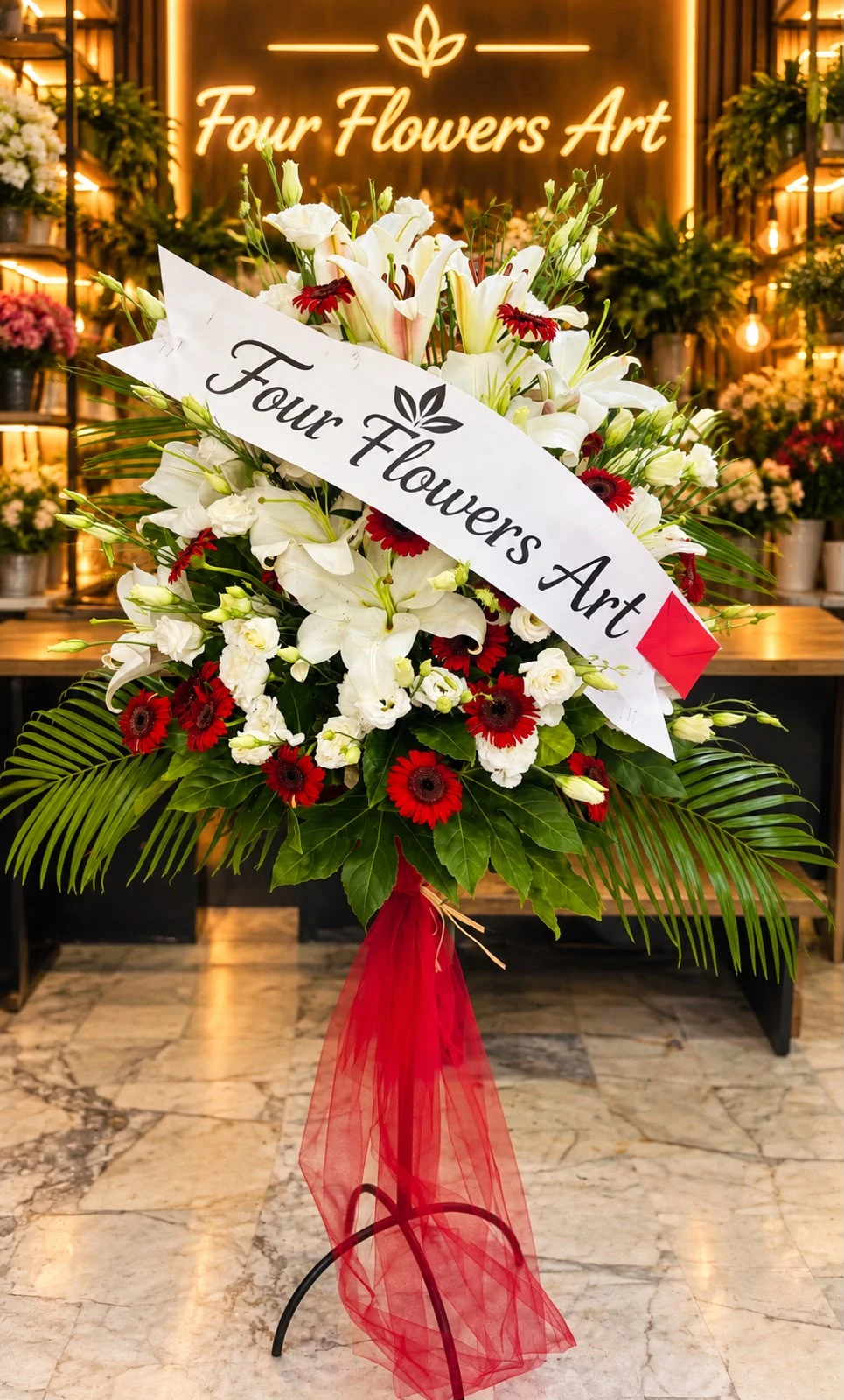 Premium Ayaklı Tebrik ve Açılış Çiçeği – Lüks Lilyum ve Gerbera Aranjmanı