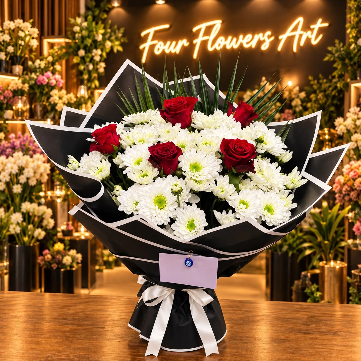 Premium Kırmızı Gül ve Beyaz Krizantem VIP Çiçek Buketi