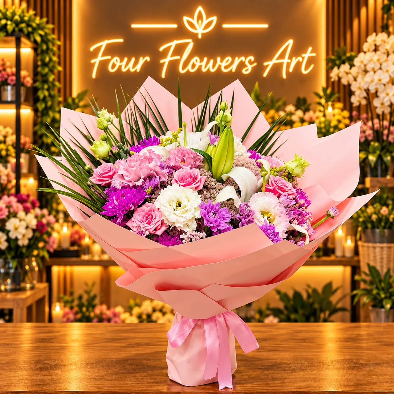 Premium Pembe ve Mor Tasarım Buketi – Lisianthus, Gül ve Lilyum Aranjmanı