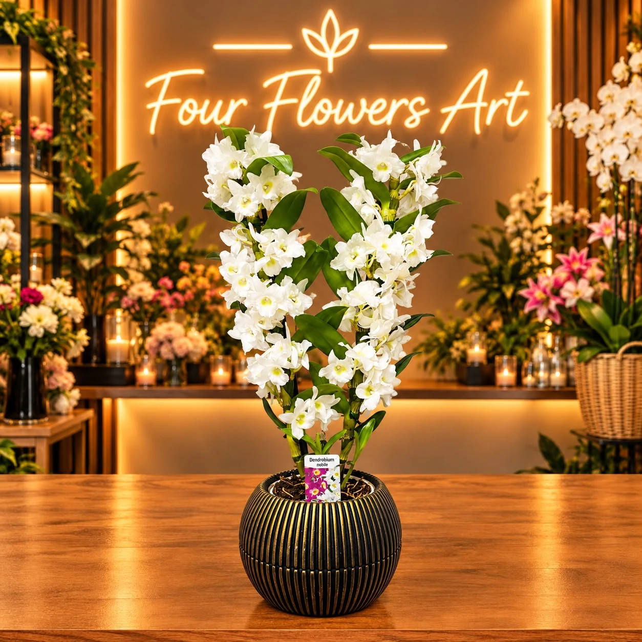 Premium Seramik Saksıda Beyaz Dendrobium Nobile (Bambu Orkide)