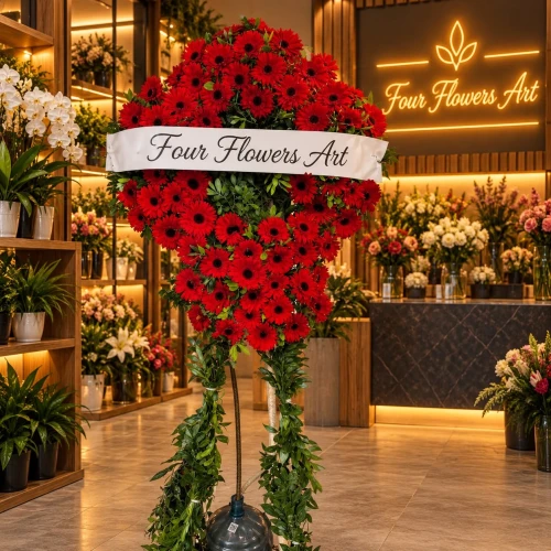 Lüks Kırmızı Gerbera Çiçekli Yüksek Yeşil Gövdeli Ayaklı Taziye Çelen
