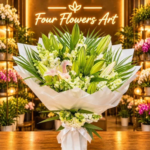 Mega Boy Premium Beyaz Zambak (Lilyum) ve Antirrhinum VIP Buketi